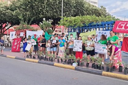 Manifestantes protestaram contra PL da Devastação e distribuição panfletos e mudas de plantas em Parintins (Foto: Floriano Lins/Divulgação)