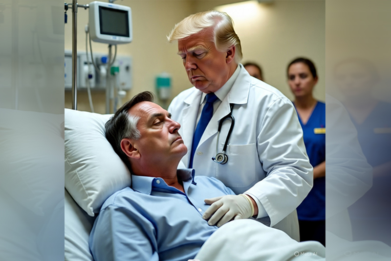 Trump disfarçado de médico atende Bolsonaro: só saúde privada nos EUA (Imagem gerada por IA/Meta)