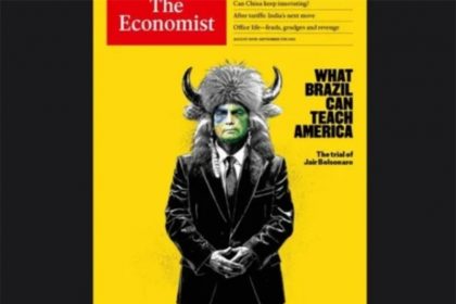 Bolsonaro caracterizado como Jake Chansley, que comandou ataque ao Congresso norte-americano (Foto: Reprodução/The Economist)
