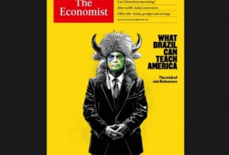 Bolsonaro caracterizado como Jake Chansley, que comandou ataque ao Congresso norte-americano (Foto: Reprodução/The Economist)