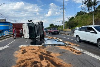 Carreta tombou ao fazer curva e houve derramamento de óleo na pista (Foto: IMMU/Divulgação)