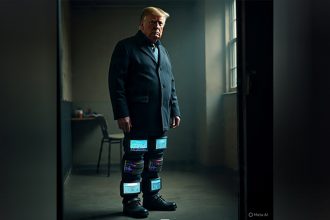 Donald Trump com tornozeleiras fabricadas nos EUA: produto mais tecnológico (Imagem gerada por Meta IA)