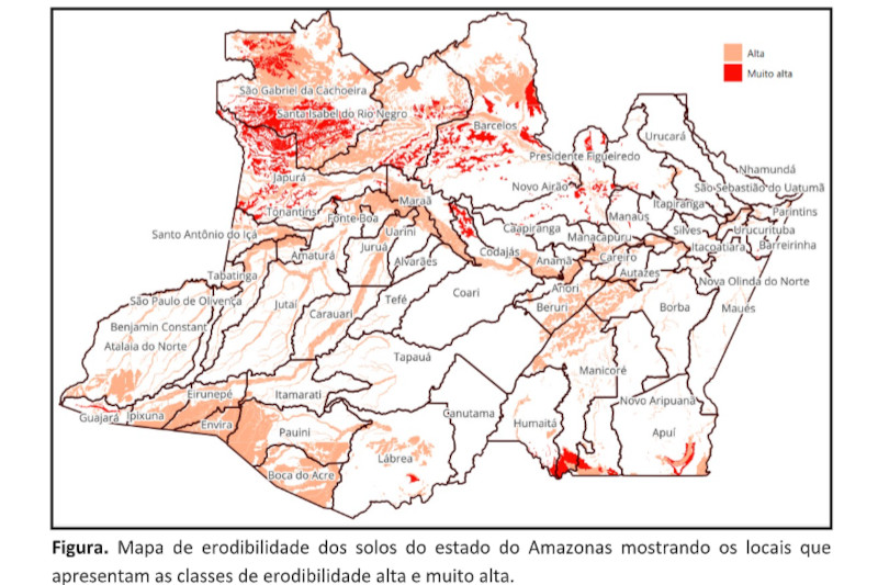 Mapa com locais suscetíveris a erosão do solo no Amazonas