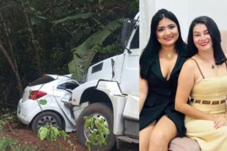 Carro em que amigas Érica Costabile Lopes, de 32 anos, e Ana Cristina da Costa Rodrigues, de 35 estavam bateu de frente em carreta (Foto: WhatsApp/PRF/Reprodução)