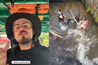 Influenciador Jon Vlogs e momento em que agarram pirarucu em tanque em Manaus (Foto: Redes sociais/Reprodução)
