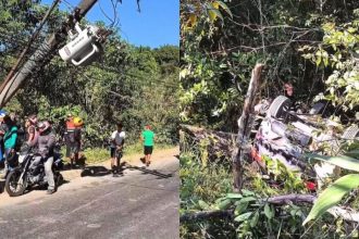 O motorista bateu com um poste e capotou com um carro em um barranco às margens da Avenida do Turismo. (Foto: WhatsApp/Reprodução)