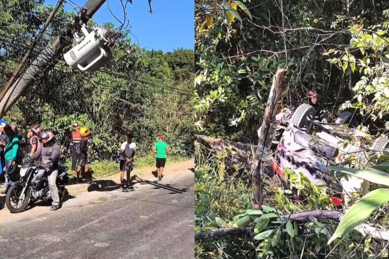 O motorista bateu com um poste e capotou com um carro em um barranco às margens da Avenida do Turismo. (Foto: WhatsApp/Reprodução)