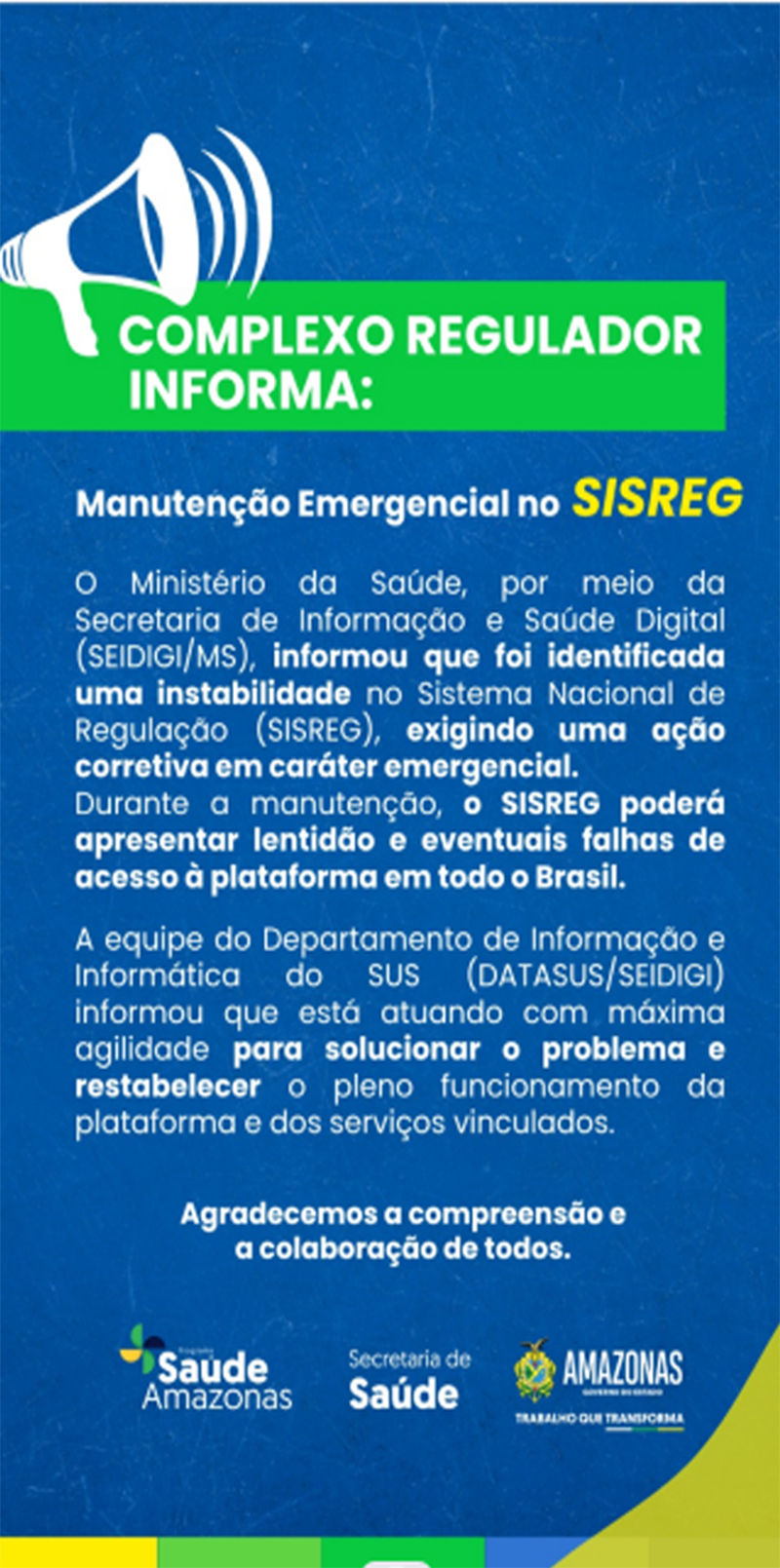 Nota do Ministério da Saúde sobre falha no Sisreg
