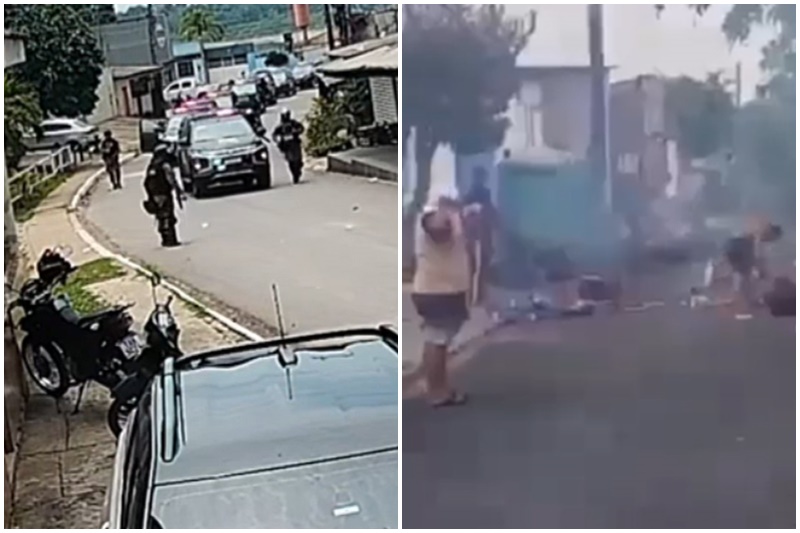 Dois momentos do conflito em Humaitá: agentes federais ocupam rua do município e moradores encobertos por fumaça de gás lacrimogênio (Imagens: WhatsApp/Reprodução)