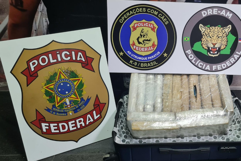 Tabletes de maconha apreendidos com passageiro (Foto: PF/Divulgação)