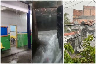 Chuva danificou calha em escola, causou enxurrada em beco e derrubada de telhado (Fotos: WhatsApp/Divulgação)
