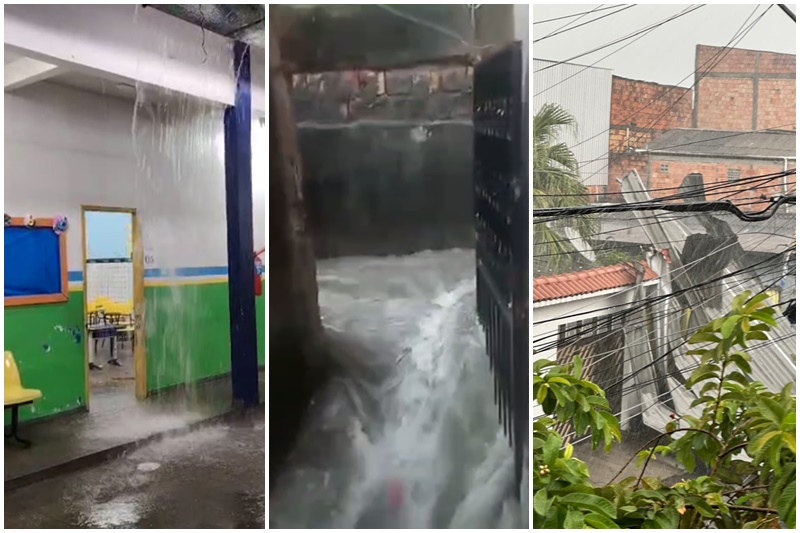 Chuva danificou calha em escola, causou enxurrada em beco e derrubada de telhado (Fotos: WhatsApp/Divulgação)