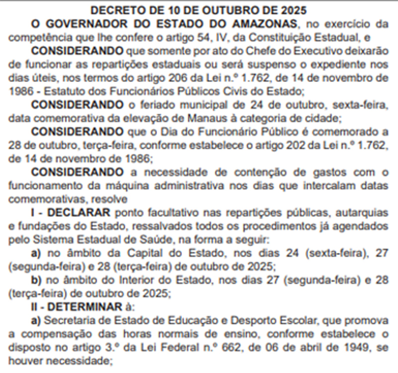 Decreto sobre ponto facultativo no governo do AM