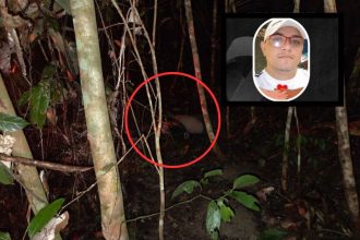Alissandro (no detalhe) e o corpo em área de mata (Foto: WhatsApp/PC-AM/Reprodução)