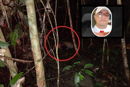 Alissandro (no detalhe) e o corpo em área de mata (Foto: WhatsApp/PC-AM/Reprodução)
