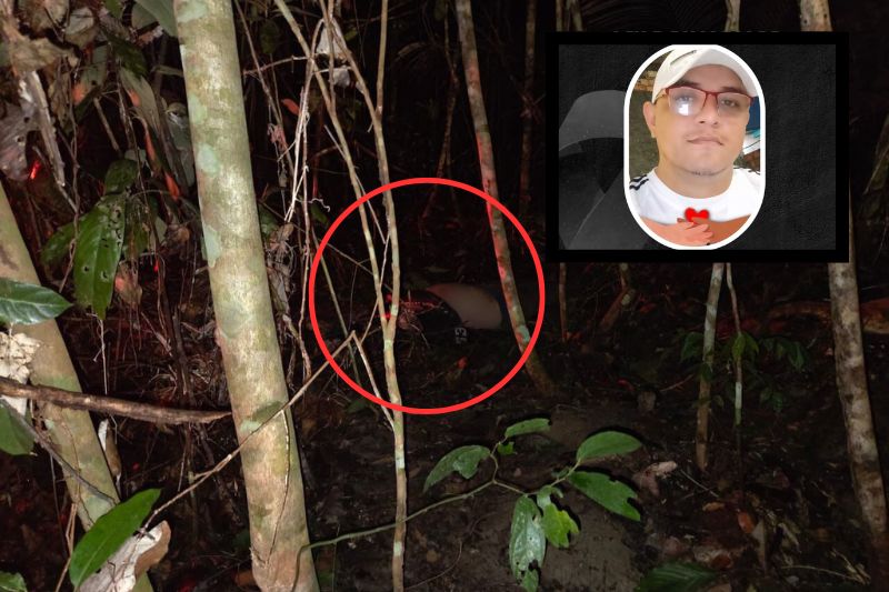 Alissandro (no detalhe) e o corpo em área de mata (Foto: WhatsApp/PC-AM/Reprodução)
