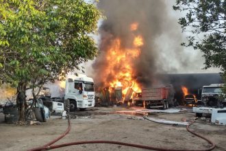 O Corpo de bombeiros foi acionado para atender a ocorrência e combater o fogo (Foto: WhatsApp/Reprodução)