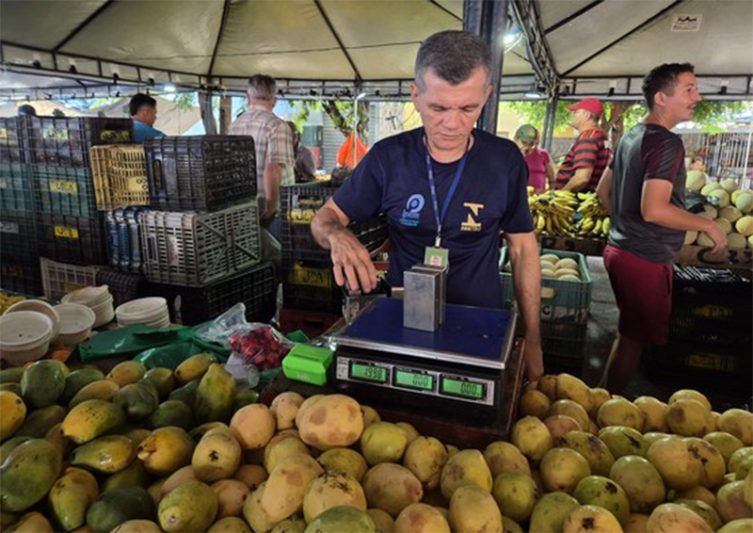 Agente do Inmetro inspeciona balança em feira livre: irregularidades na pesagem (Foto: Inmetro/Divulgação)