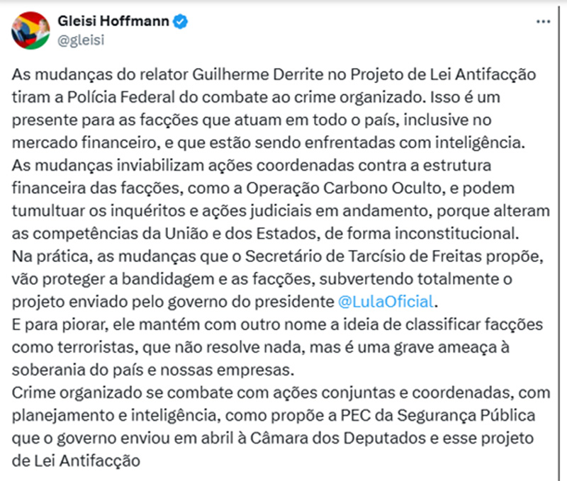 Publicação de Gleisi Hoffmann sobre o PL Antifacção