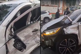 Com o impacto, as vítimas ficaram presas nas ferragens (Foto: WhatsApp/Reprodução)