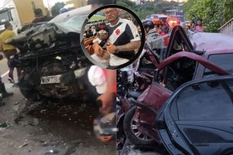 Carros envolvidos no acidente e Alvinez Oliveira da Silva no detalhe: choque frontal (Foto: Divulgação/Redes Sociais)