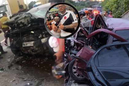 Carros envolvidos no acidente e Alvinez Oliveira da Silva no detalhe: choque frontal (Foto: Divulgação/Redes Sociais)