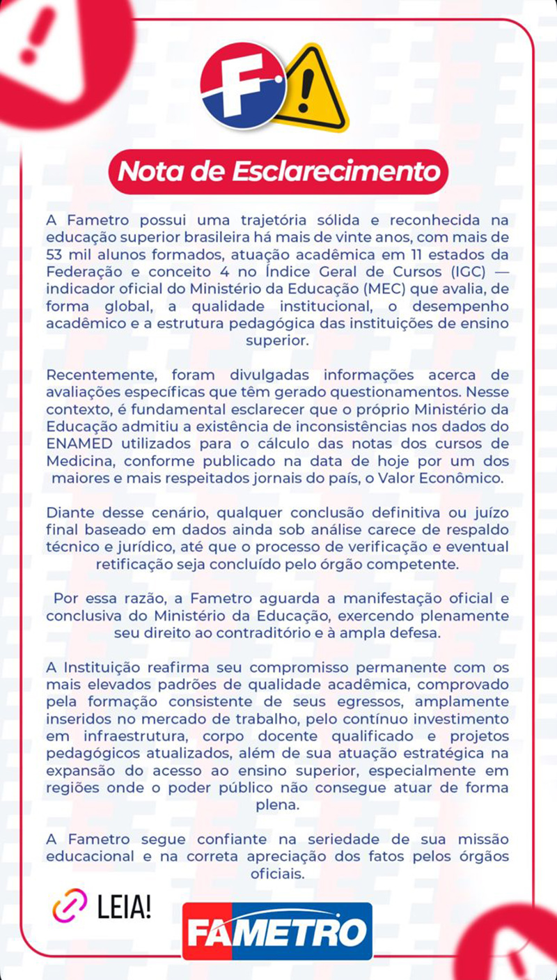 Nota da Fametro sobre o resultado do Enamed