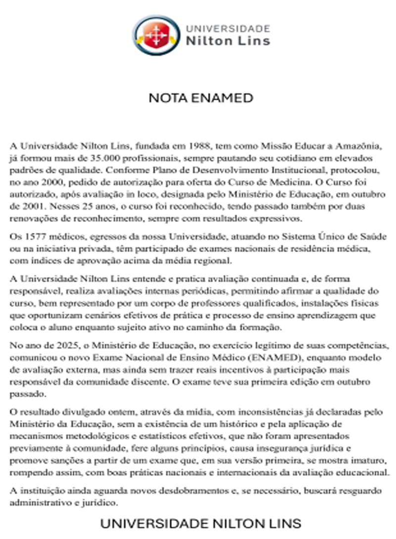 Nilton Lins nota sobre resultado do Enamed