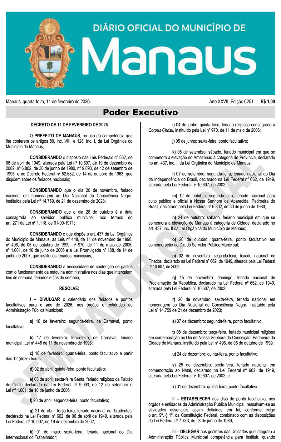 DOM calendário de folgas prefeitura
