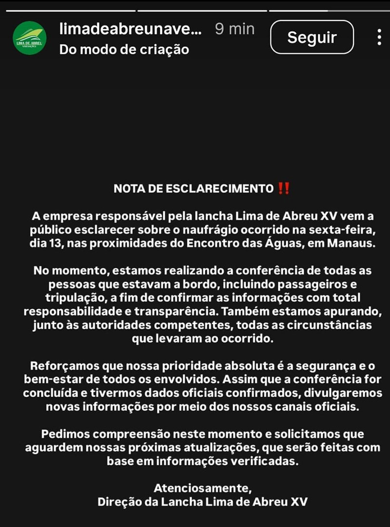 Nota da empresa Lima Abreu sobre jaufrágio