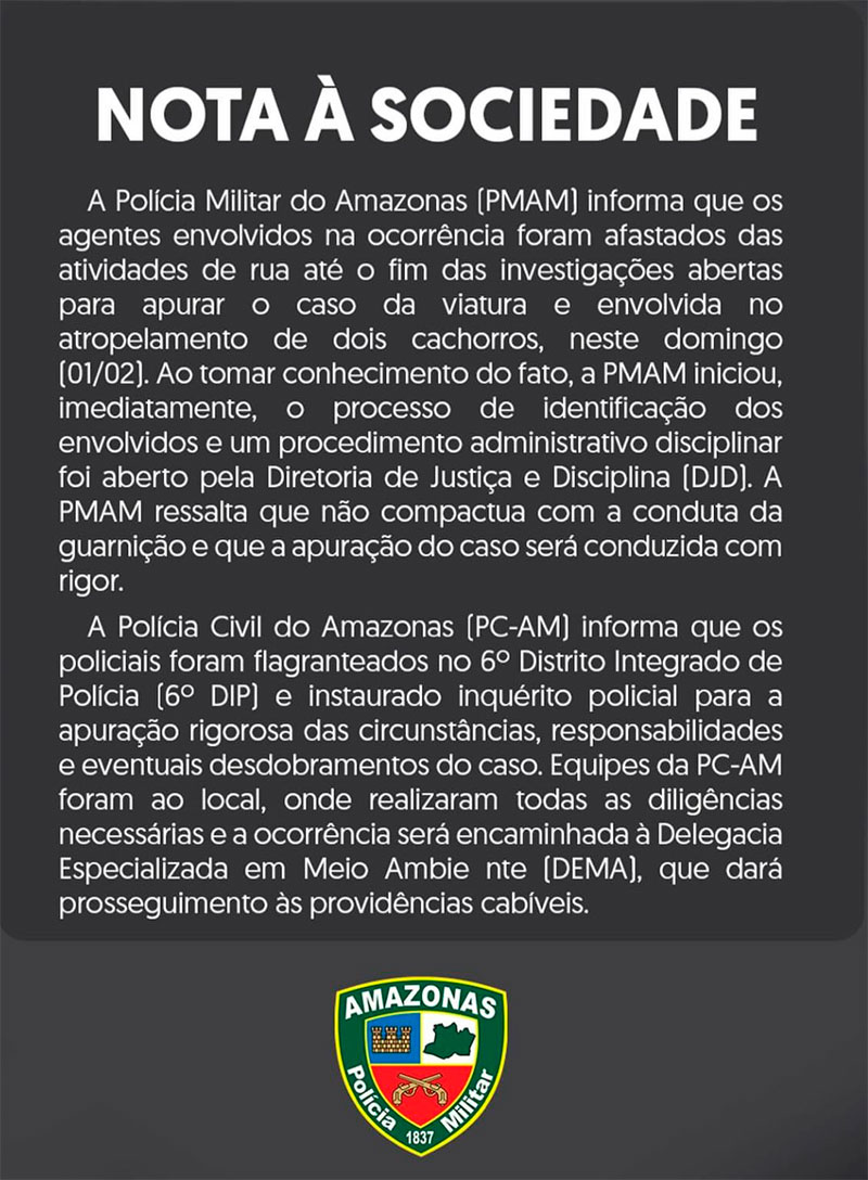 Nota da PM sobre cães mortos