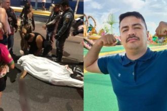Corpo de Wilshafir Abdon Cacula no asfalto e ele no detalhe: acidente fatal (Foto: Divulgação/Redes sociais)