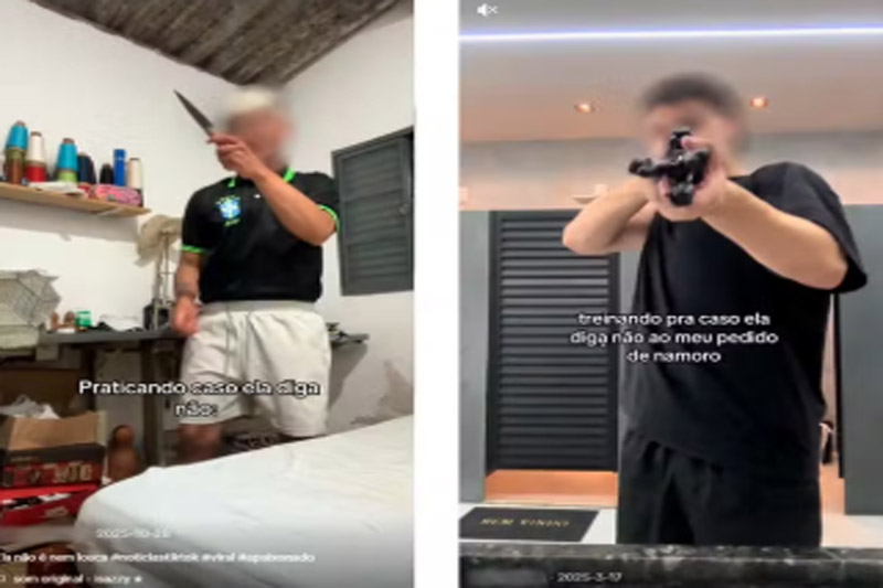 Homens simulam atacar mulheres com arma de fogo e faca em vídeos no TikTok, já reyirados do ar (Imagens: TikTok/Reprodução)