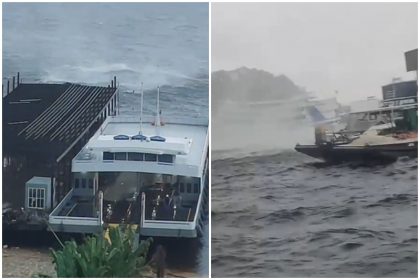 Dois momentos da tromba d'água: a formação e ao atingir barco na orla de Manaus (Imagens: WhatsApp/Reprodução)
