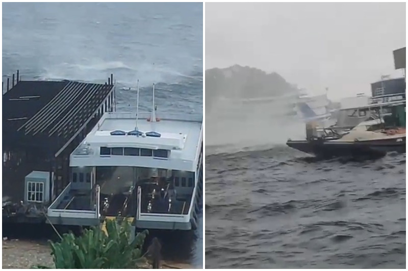 Dois momentos da tromba d'água: a formação e ao atingir barco na orla de Manaus (Imagens: WhatsApp/Reprodução)