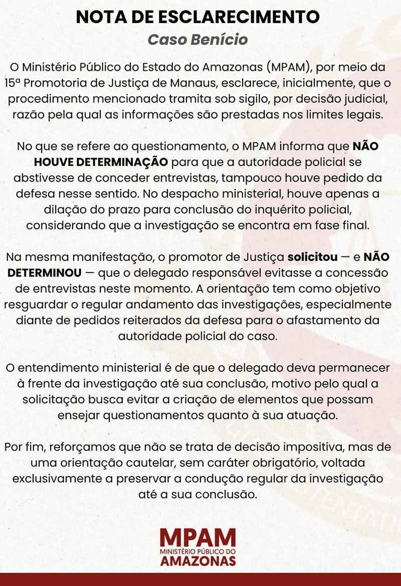 Nota do MP sobre orientação a delegado do caso Benício