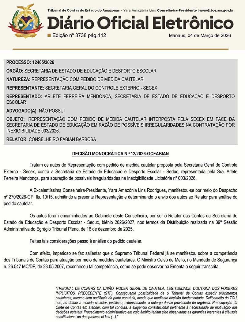 Decisão TCE suspensão de contrato da Seduc 1