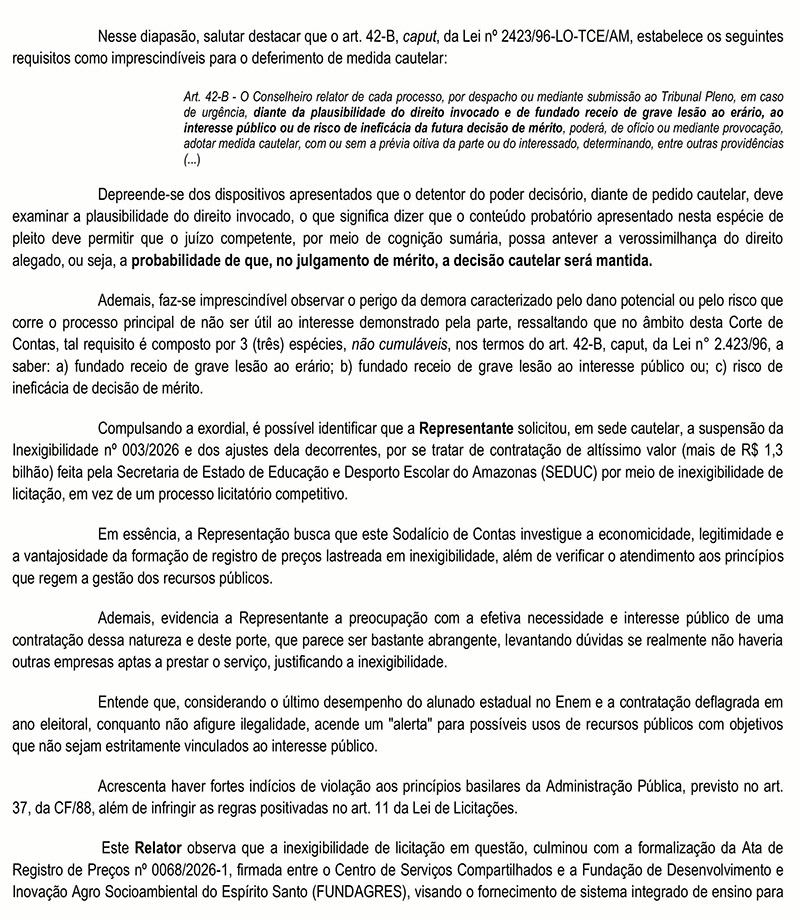 Decisão TCE suspensão de contrato da Seduc 2