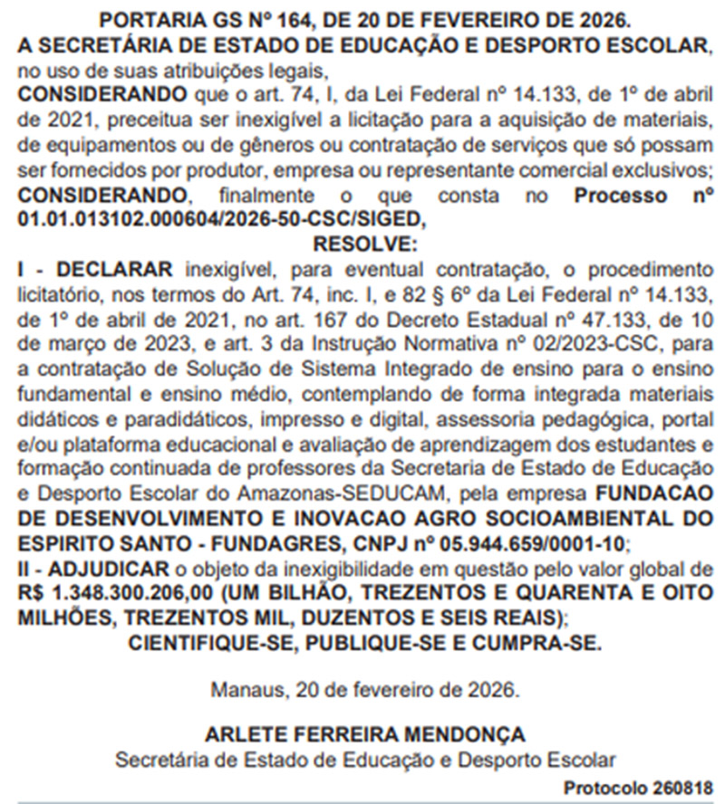 Portaria da Seduc sobre contrato com a FGundagres Inovar