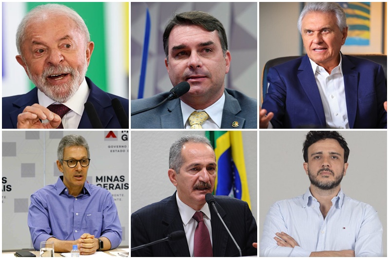 Lula, Flávio Bolsonaro, Ronaldo Caiado, Romeu Zema, Aldo Rebelo e Renan Santos são os pré-camdidatos a presidente (Fotos: divulgação)
