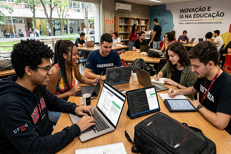 Universitários em trabalho em grupo: uso da IA é essencial, mas sem exagero (Foto gerada por IA/Google)
