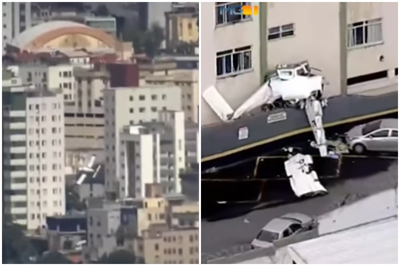 Avião nbateu na laterakl de prédio residencial, ficou destruído e parte da fuselagem ficou presa na fachada do imóvel (Imagens: Globonews/Reprodução/YouTube)