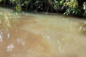 Água turva no Rio Tiaraju: indígenas alegam que é efeito de poluição por mineradora (Foto: ACWA/Divulgação)