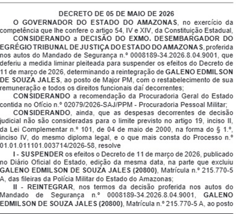 Decreto de reintegração deo major Galeno Edmilson