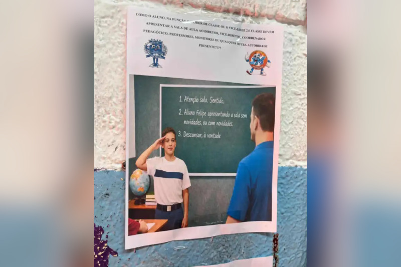 Cartaz em escola cívico-militar de São Paulo orienta alunos a obedecer ordens militgares (Foto: Agência Pública)