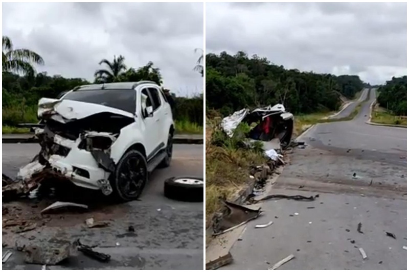 Veículo ficou destruído com o impacto. Um homem morreu (Imgens;WhatsApp/Reprodução)