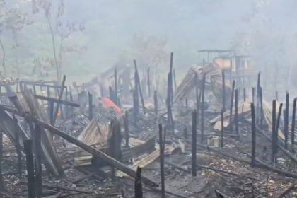 Estacas de madeira queimadas: imagem da destruição causada pelo incêndio (Foto: WhatsApp/Divulgação)