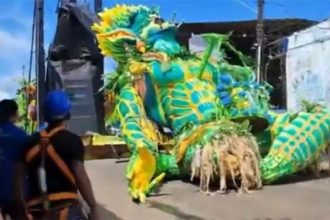 Alegoria do Caprichoso caiu de guindaste, mas ninguém ficou ferido (Imagem: WhatsApp/Reprodução)