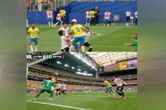 Dois momentos do gol de Casemiro, que empatou o jogo na vitória do Brasil sobre o Japão (Imagem: Fifa World Cup Media/X)