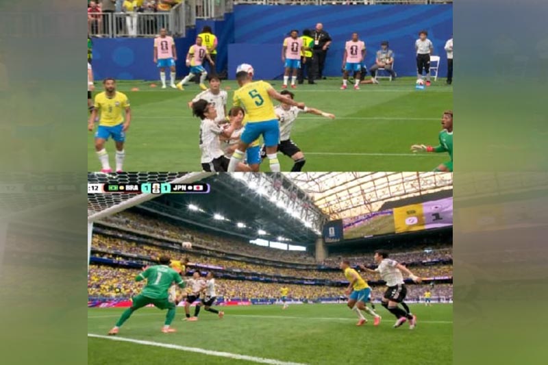 Dois momentos do gol de Casemiro, que empatou o jogo na vitória do Brasil sobre o Japão (Imagem: Fifa World Cup Media/X)